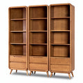 **Modern Wooden Bookshelves with Open Shelving and Drawers**