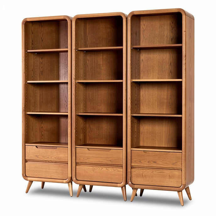 **Modern Wooden Bookshelves with Open Shelving and Drawers**