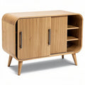 **Title: Modern Bamboo Storage Cabinet with Sliding Doors and Open Shelves**