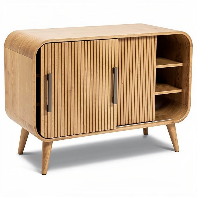 **Title: Modern Bamboo Storage Cabinet with Sliding Doors and Open Shelves**