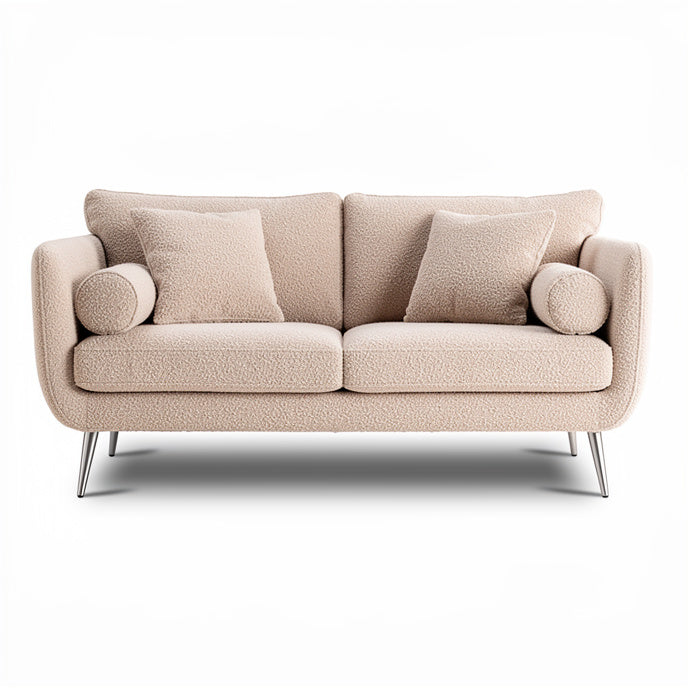 **Modern Beige Upholstered Sofa with Cylindrical Cushions**