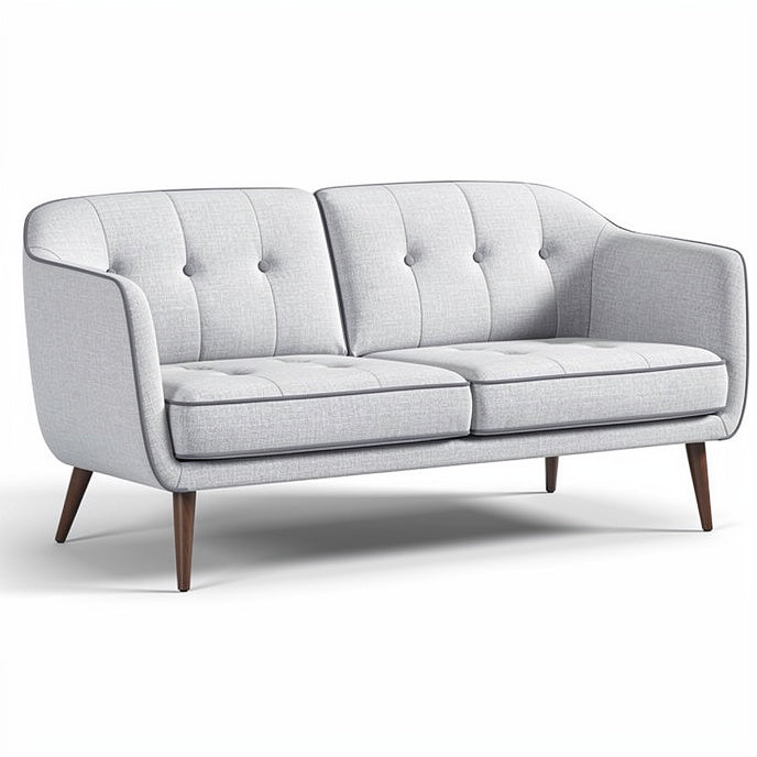 **Modern Gray Upholstered Sofa with Button Tufting and Wooden Legs**