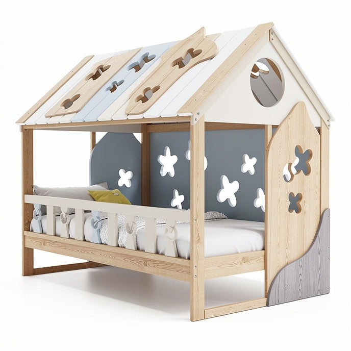 **Wooden Children's House Bed with Playful Design**