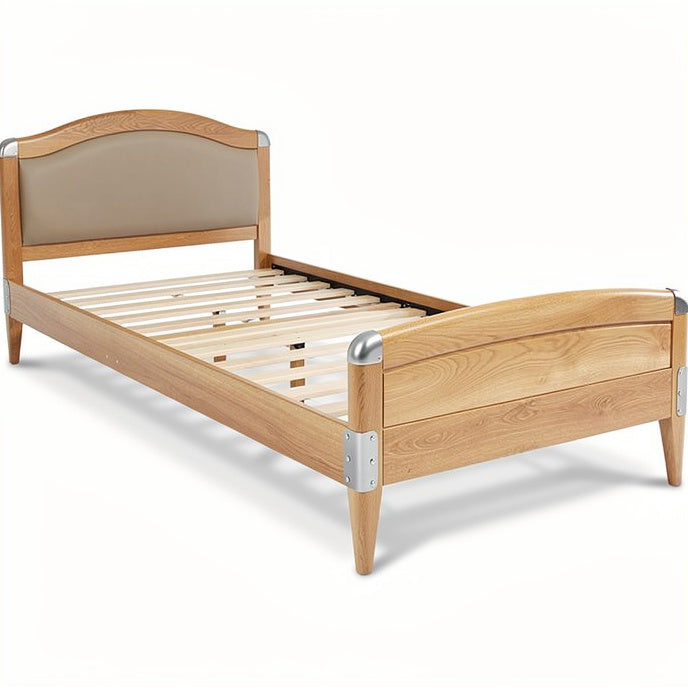 **Technical Title: Modern Wooden Bed Frame with Slatted Base and Leather Upholstered Headboard**