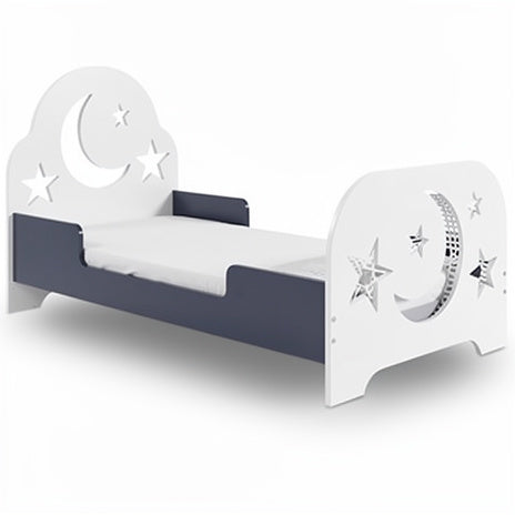 **Title: Space-Themed Toddler Bed with Star and Moon Cutouts**