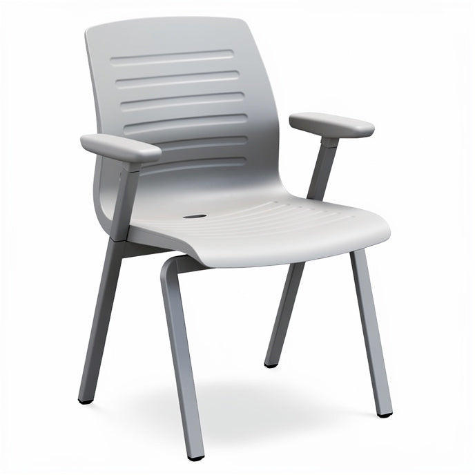 **Technical Title: Durable Gray Plastic Chair with Armrests and Drainage Feature**